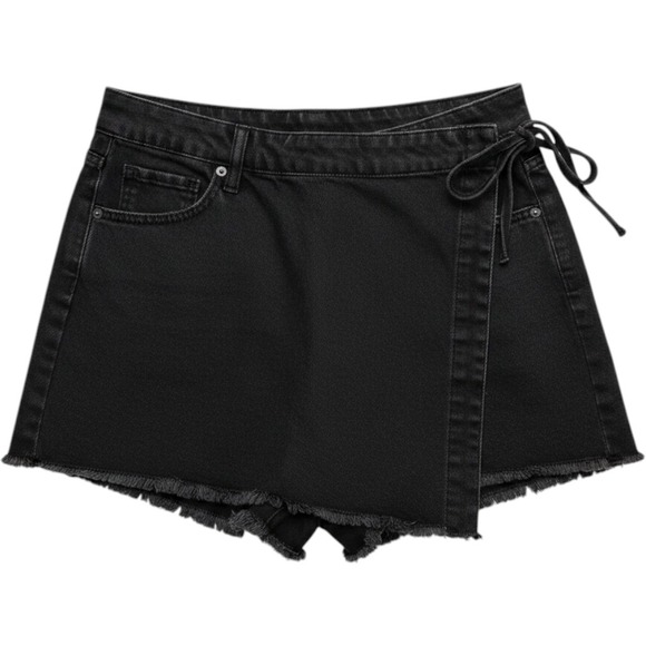 Happily Grey Pants - Happily Grey black wrap side tie zip closure denim mini skort frayed hem 7 28